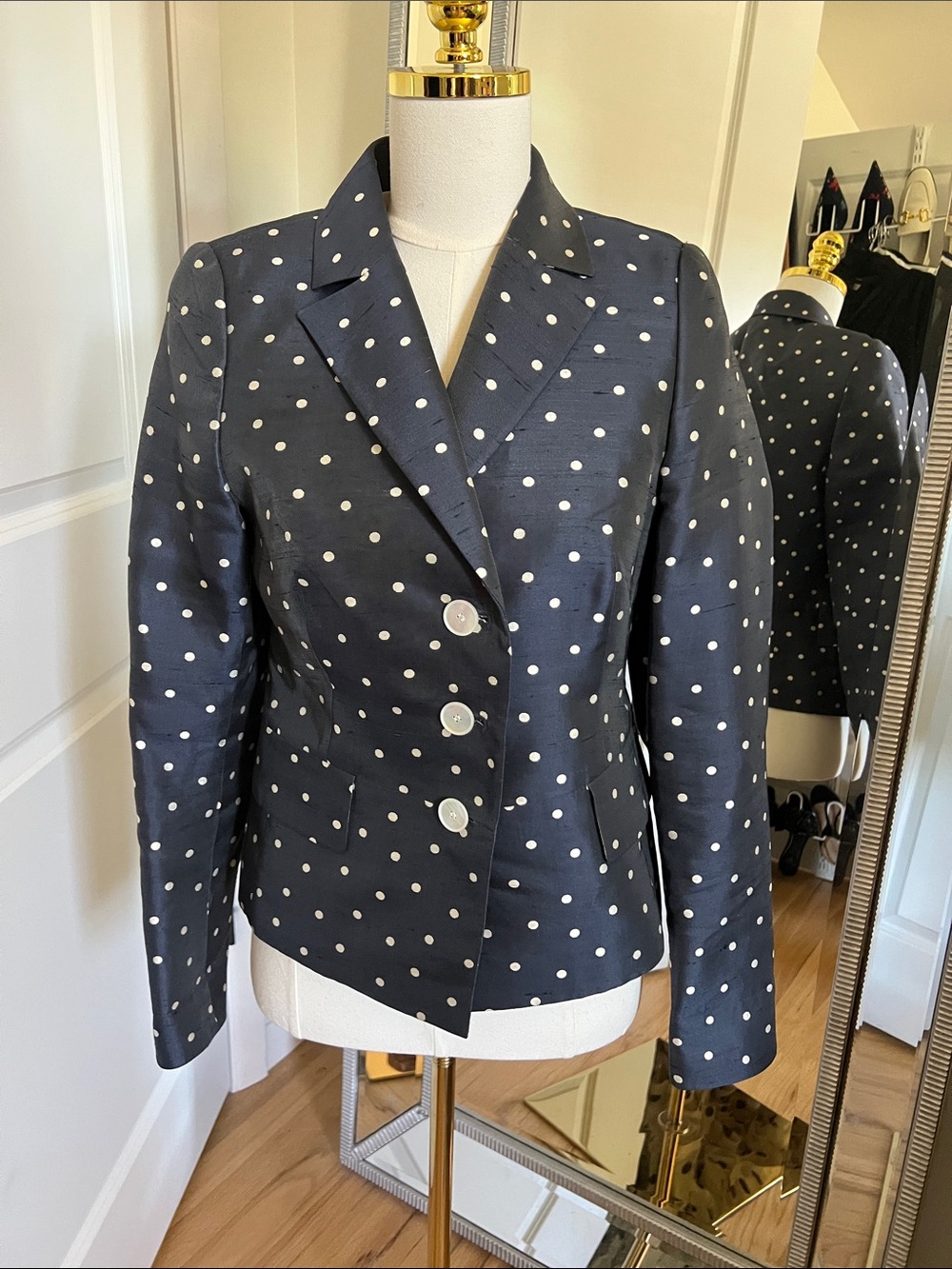 Akris Blue Silk Blazer with White Polka Dots